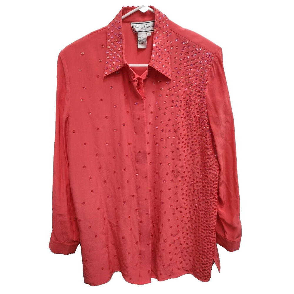 VTG 90s Diane Gilman Top Womens Medium Pink Silk Sequin Long Sleeve Timeless